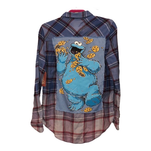 Pink, Purple, Blue Plaid Button Down W/ Cookie Monster Back Patch - Picture 2 of 5